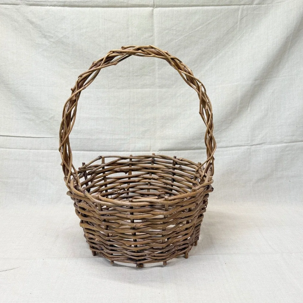 Rustic Woven Willow Branch Gathering Basket with Twisted Handle Brown Wood 1970s